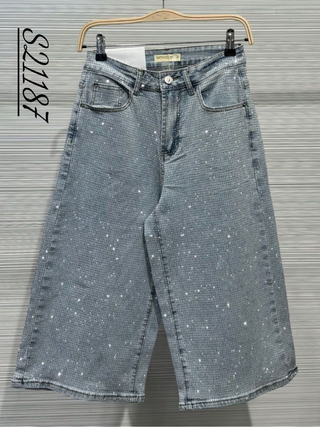 Style the Blue Crystal Studded Denim Bermuda Shorts exclusively at Born To Glam