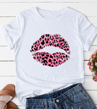 White short sleeve graphic tee with a bold pink leopard print lip design on the front.