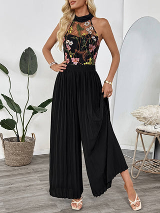 Black Embroidered Mesh Halter Pleated Jumpsuit styled