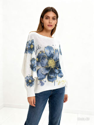 White Blue Floral Graphic Knit Top