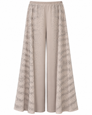 Taupe Embellished Lace Panel Wide Leg Pants - white background flat lay