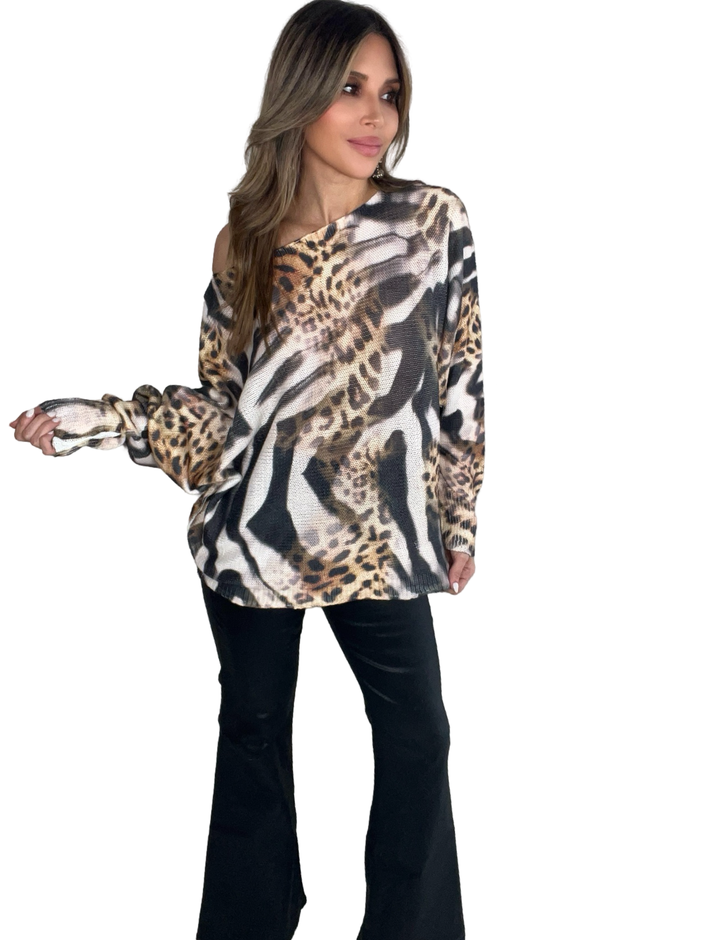 Round Neck Printed Sweater - Born To Glam Born To Glam