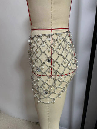 Pearl Chain Belt Mesh Skirt - Picture Color