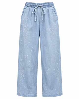 Light Wash Sparkly Chambray Pants - white background flat lay
