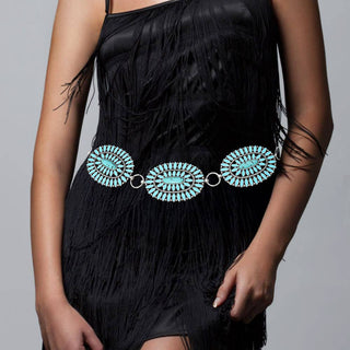 Boho Vintage Western Oval Turquoise Stone Concho Chain Belt - Born To Glam