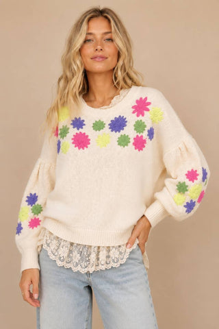 Cream Floral Embroidered Round Neck Sweater Top alternate view