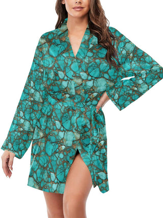 All Turquoise Long Sleeve Belted Satin Robe — Faire photo 5