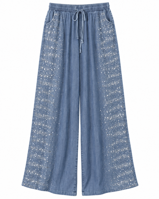 Medium Wash Sparkly Chambray Pants - white background flat lay