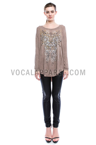 Taupe Print & Rhinestone Long Sleeve Top - front