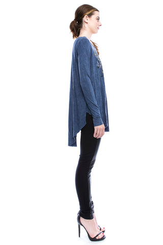 Denim Print & Rhinestone Long Sleeve Top - detail
