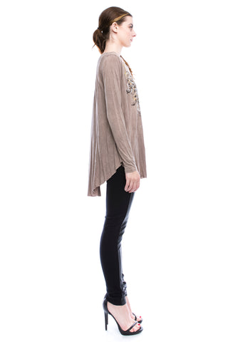 Taupe Print & Rhinestone Long Sleeve Top - detail