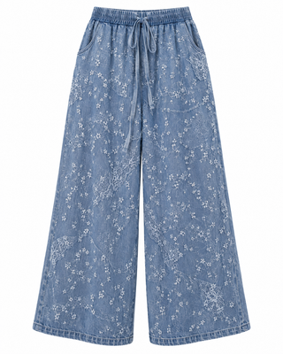 Denim Lace Patchwork Wide Leg Pants - white background flat lay
