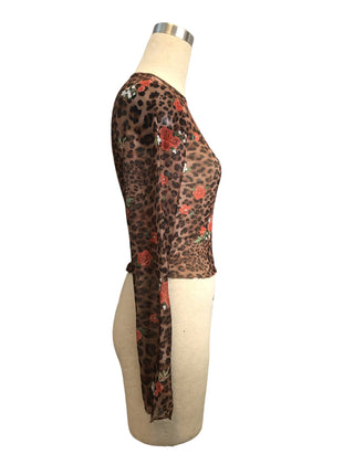Coffee Leopard Floral Mesh Crop Top - Coffee