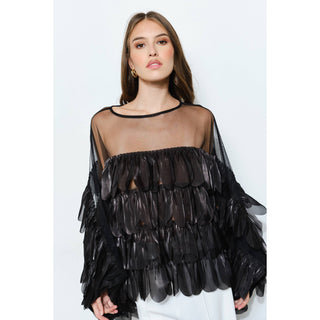 Black Shimmer Organza Scallop Ruffle Layered Blouse - Born To Glam