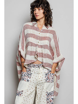 Red Lightweight Stripe Button-Front Woven Blouse duplicate