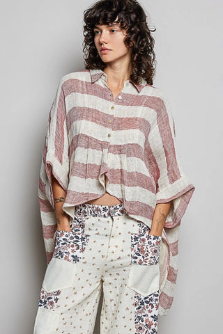 Red Lightweight Stripe Button-Front Woven Blouse