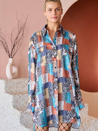 Teal Combo Vintage Patchwork Print Long Shirt