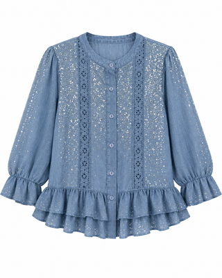 Blue Sparkly Chambray Buttoned Blouse - white background flat lay