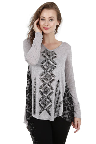 Grey Semi V-Neck Lace Contrast Top - front