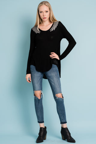 Black Eagle Wing Rhinestone High-Low Top - detail