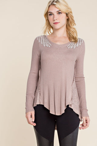 Mocha Eagle Wing Rhinestone High-Low Top - detail