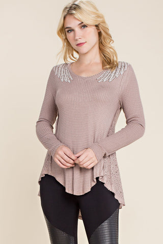 Mocha Eagle Wing Rhinestone High-Low Top - front