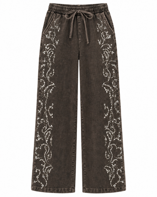 Brown Embellished Lace Panel Drawstring Pants - white background flat lay