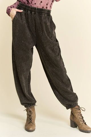 RHINESTONE ELASTIC WAISTBAND JOGGER PANTS - Born To Glam