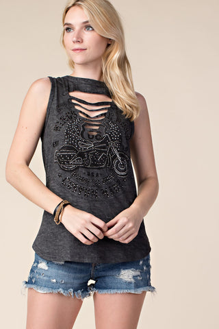 Charcoal Motorcycle Print Rhinestone Tank Top - back