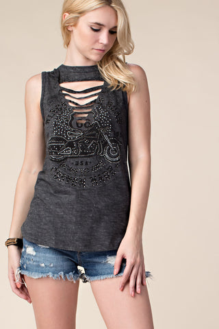Charcoal Motorcycle Print Rhinestone Tank Top - front