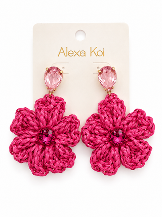 Hot Pink Raffia Flower Crystal Drop Earrings
