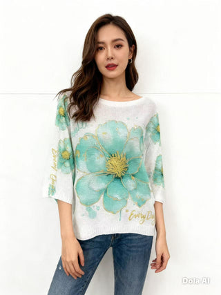 White Aqua Floral Statement Top