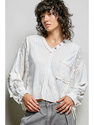 Off White Lace Patchwork Balloon Sleeve Crop Top duplicate