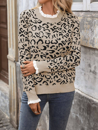 Tan Leopard Lace-Trim Sweater front