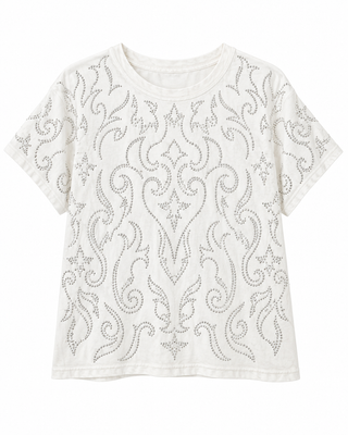 Ivory Vintage Washed Western Rhinestone Top - white background flat lay