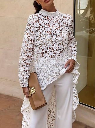 White High-Low Lace Mock Neck Top