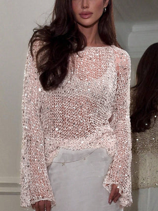 Champagne Women's Sequin Embellished Knit Top - Champagne