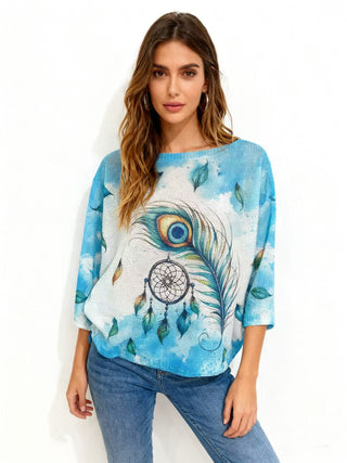 Blue Dreamcatcher Feather Graphic Top