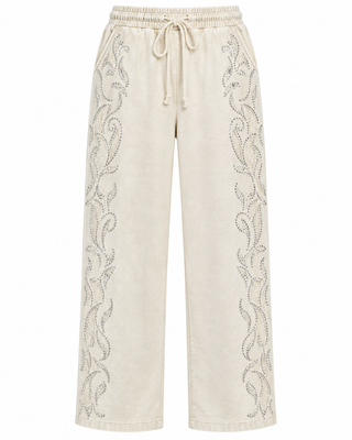 Ivory Embellished Lace Panel Drawstring Pants - white background flat lay
