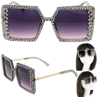 Rhinestone Ombre Oversized Square Frame Sunglasses - Born To Glam