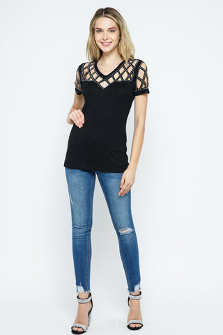 Black Laser Cut Diamond Rhinestone Top - detail
