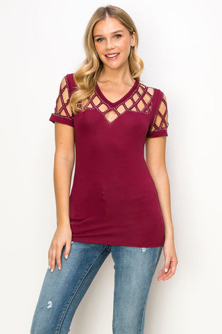 Burgundy Laser Cut Diamond Rhinestone Top - front