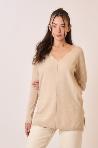 Oatmeal Soft Fine Knit Exposed Seam V-neck Sweater by Born To Glam