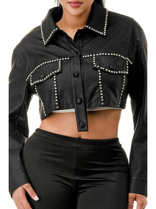 Black Jewel Trim Long Sleeve Cropped Faux Leather Jacket – supplier view 3