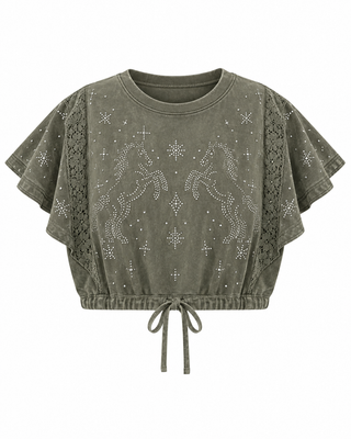 Olive Vintage Washed Western Rhinestone Top - white background flat lay