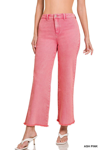 Acid Washed Frayed Cutoff Hem Straight Wide Pants - Born To Glam