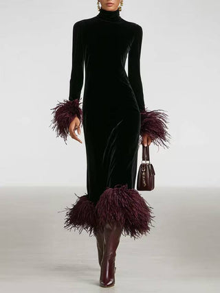 Black Velvet Feather Maxi Dress Long Sleeve Mock Neck Black