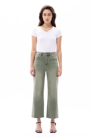 Green High Rise Cropped Distressed Wide Leg Jeans - detail