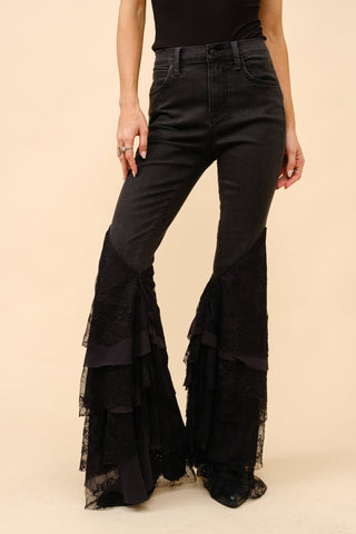 Mid Rise Lace Tiered Flare Denim Jeans - Born To Glam