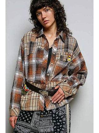 Brown Patchwork Plaid Embellished Top duplicate